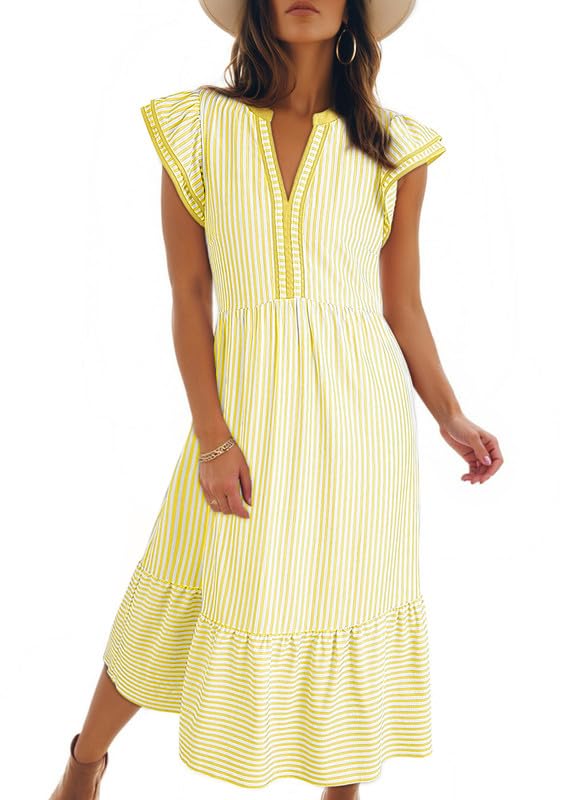 Dokotoo Womens Dresses 2026 Summer V-Neck Ruffle Cap Sleeve Empire Waist Flowy Striped Beach Midi Maxi Dress with Pockets