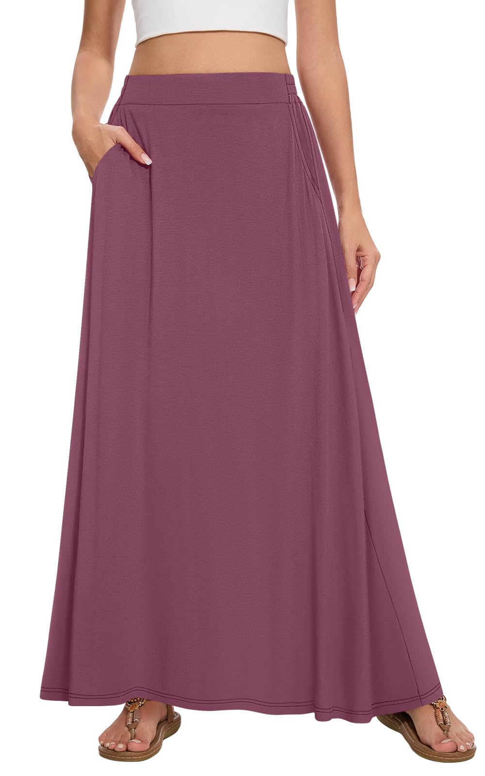 Womens Maxi A-line Long Skirt Casual 2026 Elastic High Waist Flowy Skirts with Pockets