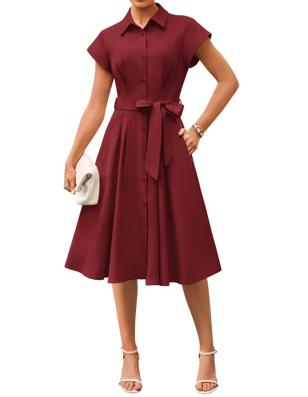 GRACE KARIN Womens Short Sleeve Shirt Dresses 2026 Summer Midi Button Down Dress Work Business Casual Dress with Pockets