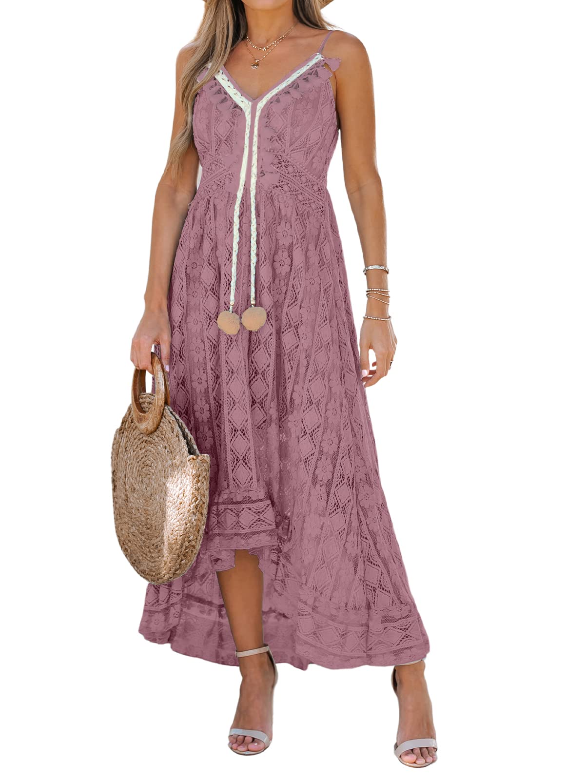 CUPSHE Maxi Summer Dress for Women Lace V Neck Sleeveless Sundress Boho Crochet Tassel Flowy Beach Vacation Graduation Dress
