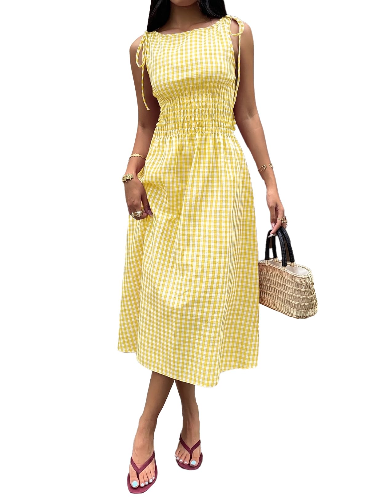 Acelitt Summer Maxi Dresses for Women 2026 Smocked Waist Gingham Dress Flowy A Line Beach Long Sundresses with Pockets
