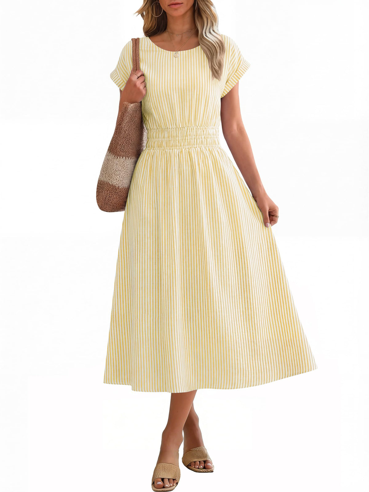 ANRABESS Womens Summer Midi Dress Striped Casual Short Sleeve Crewneck Empire Waist 2026 Flowy Long Beach Dress with Pockets