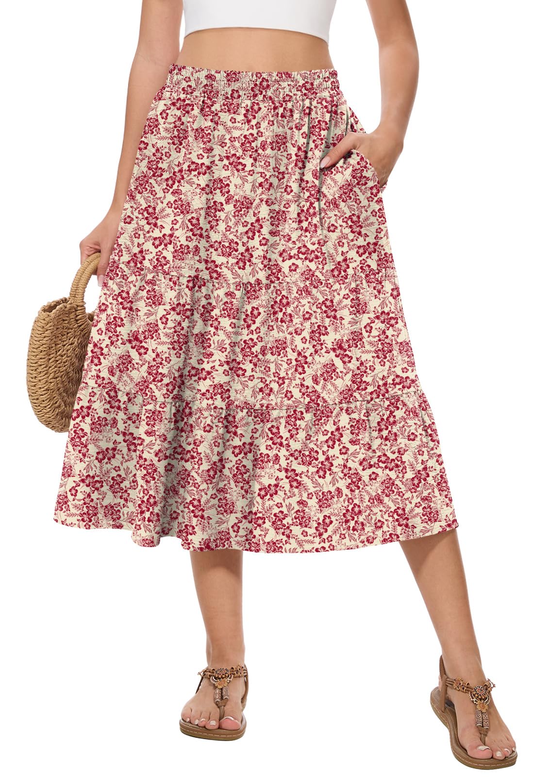 Women's Summer Midi Skirt High Elastic Waist Flowy Ruffle Casual Boho A-Line Skirts with Pockets