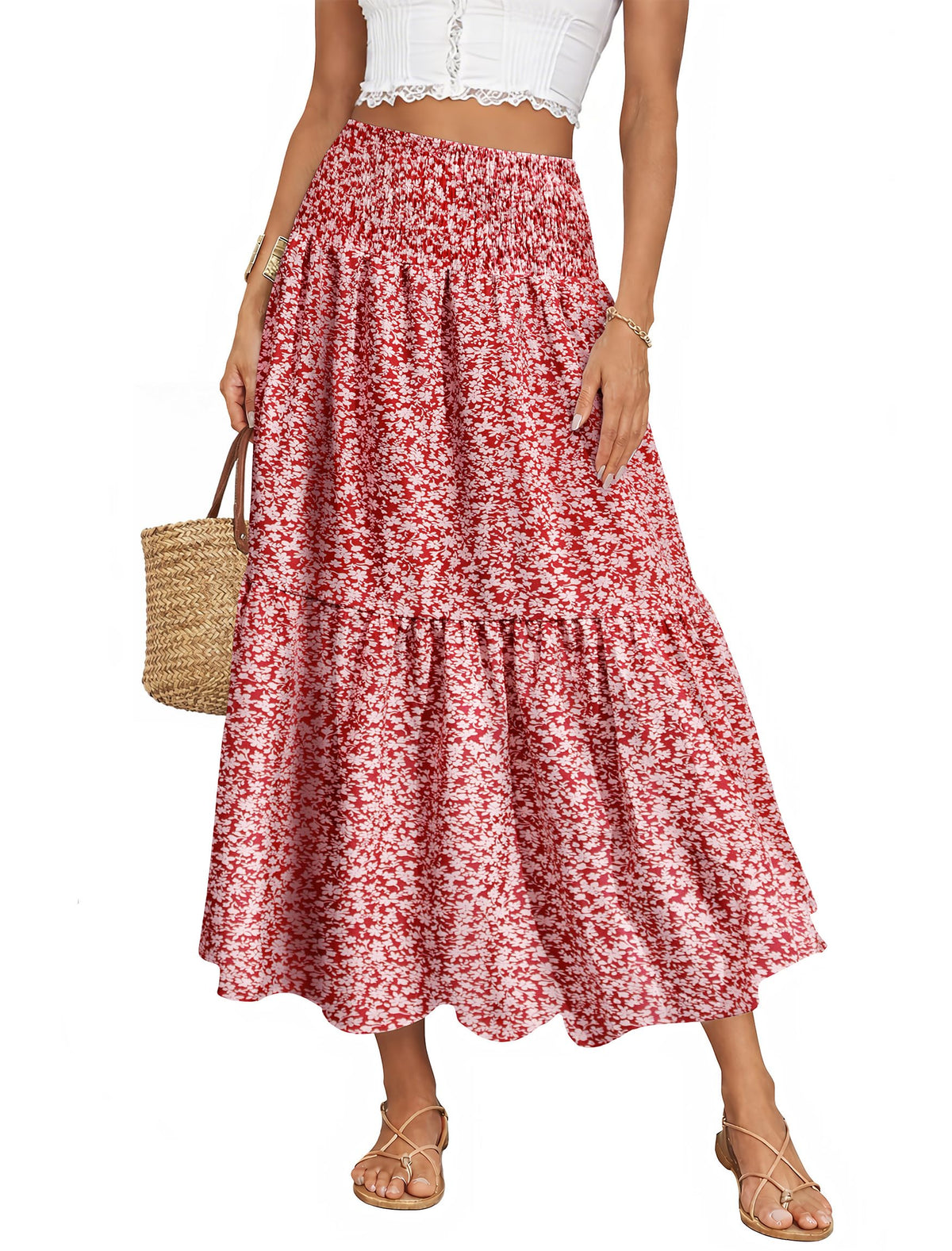 IWD Summer Long Skirts for Women Casual Smocked Elastic Waist Floral Maxi Skirt Flowy Swing A-Line Boho Skirt