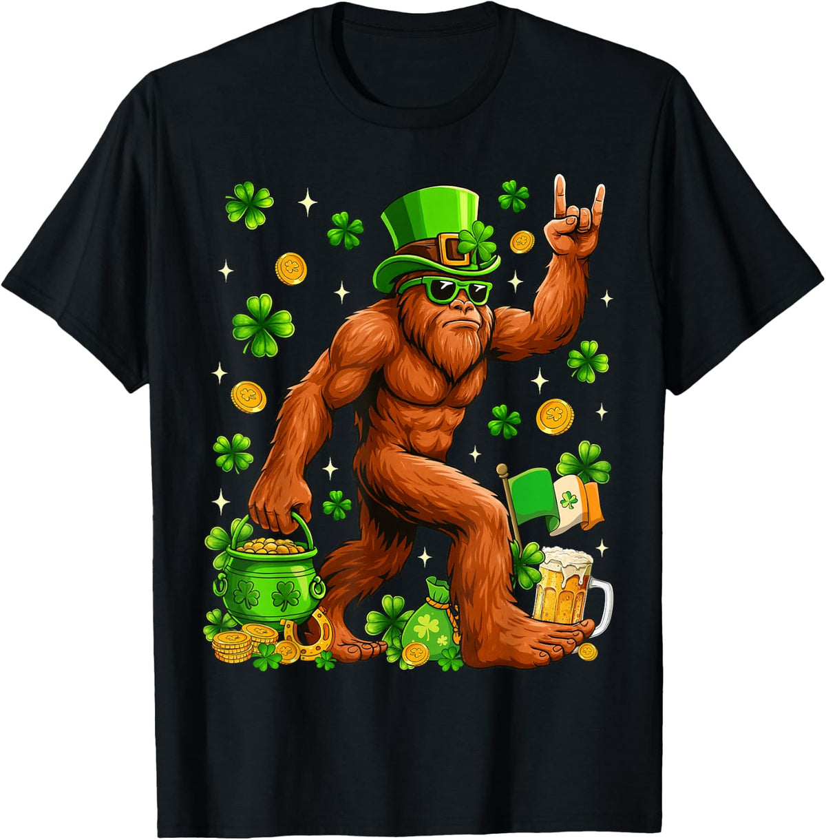 St Patricks Day Bigfoot Sasquatch Shamrock Men Women Kids T-Shirt
