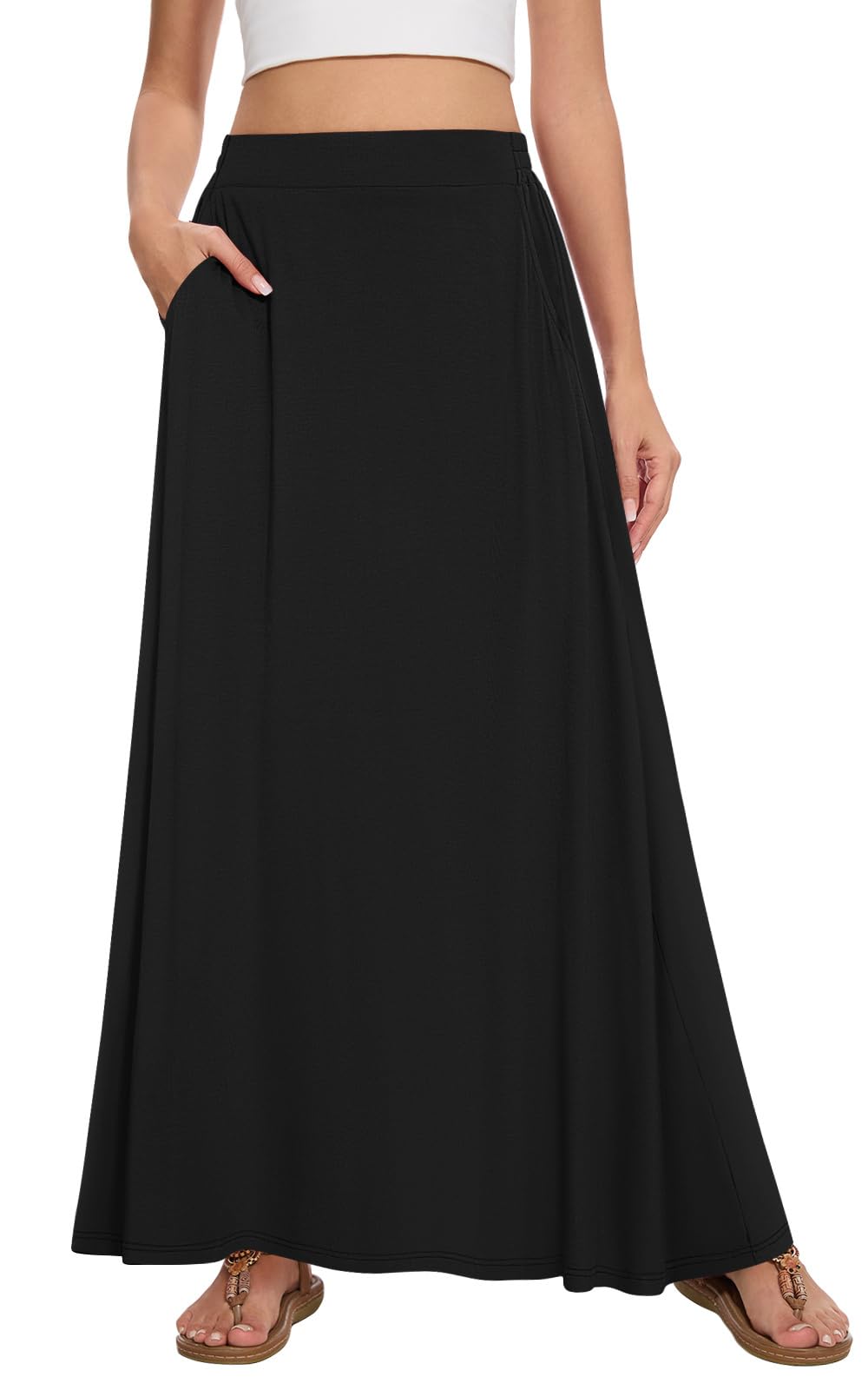 Womens Maxi A-line Long Skirt Casual 2026 Elastic High Waist Flowy Skirts with Pockets