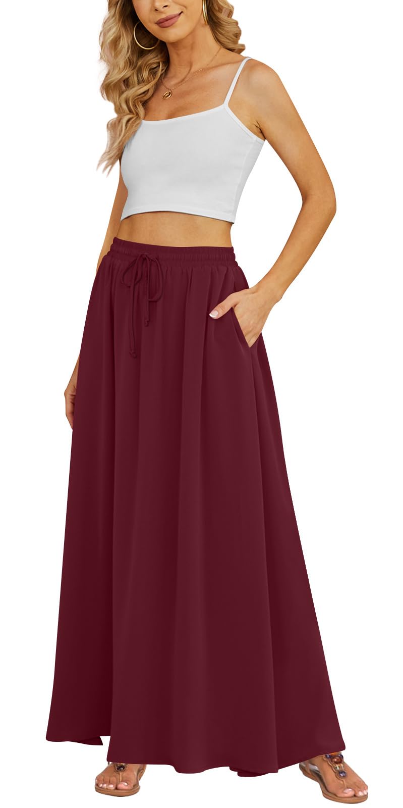 Yincro Women's Flowy Maxi Skirt Summer Pleated High Waisted Casual Long Skirts with Pockets
