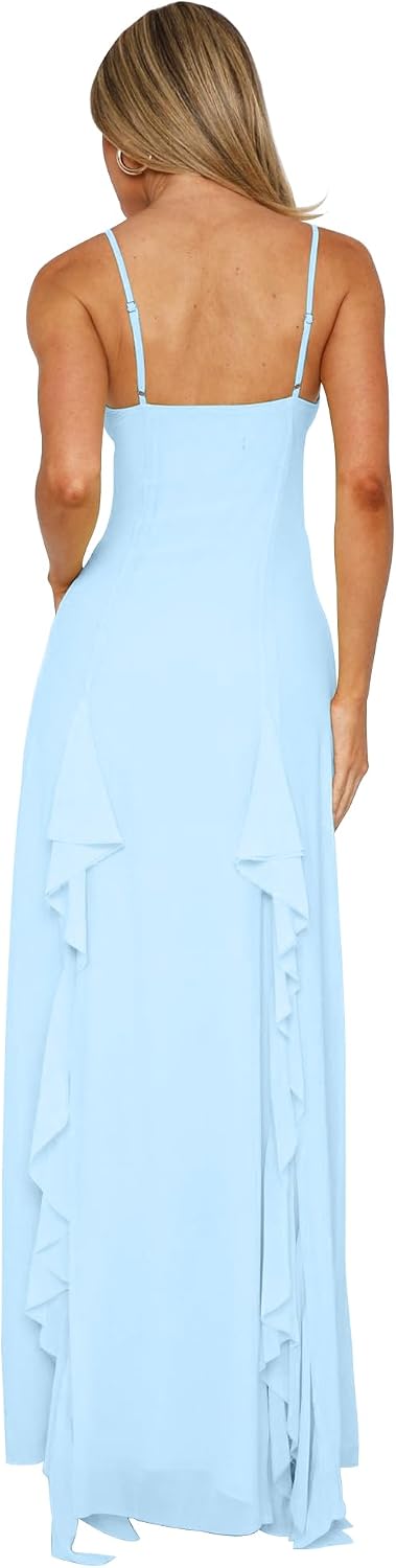 BORIFLORS Women's Sexy V Neck Spaghetti Strap Vacation Maxi Dress High Slit Cocktail Wedding Guest Long Formal Dresses