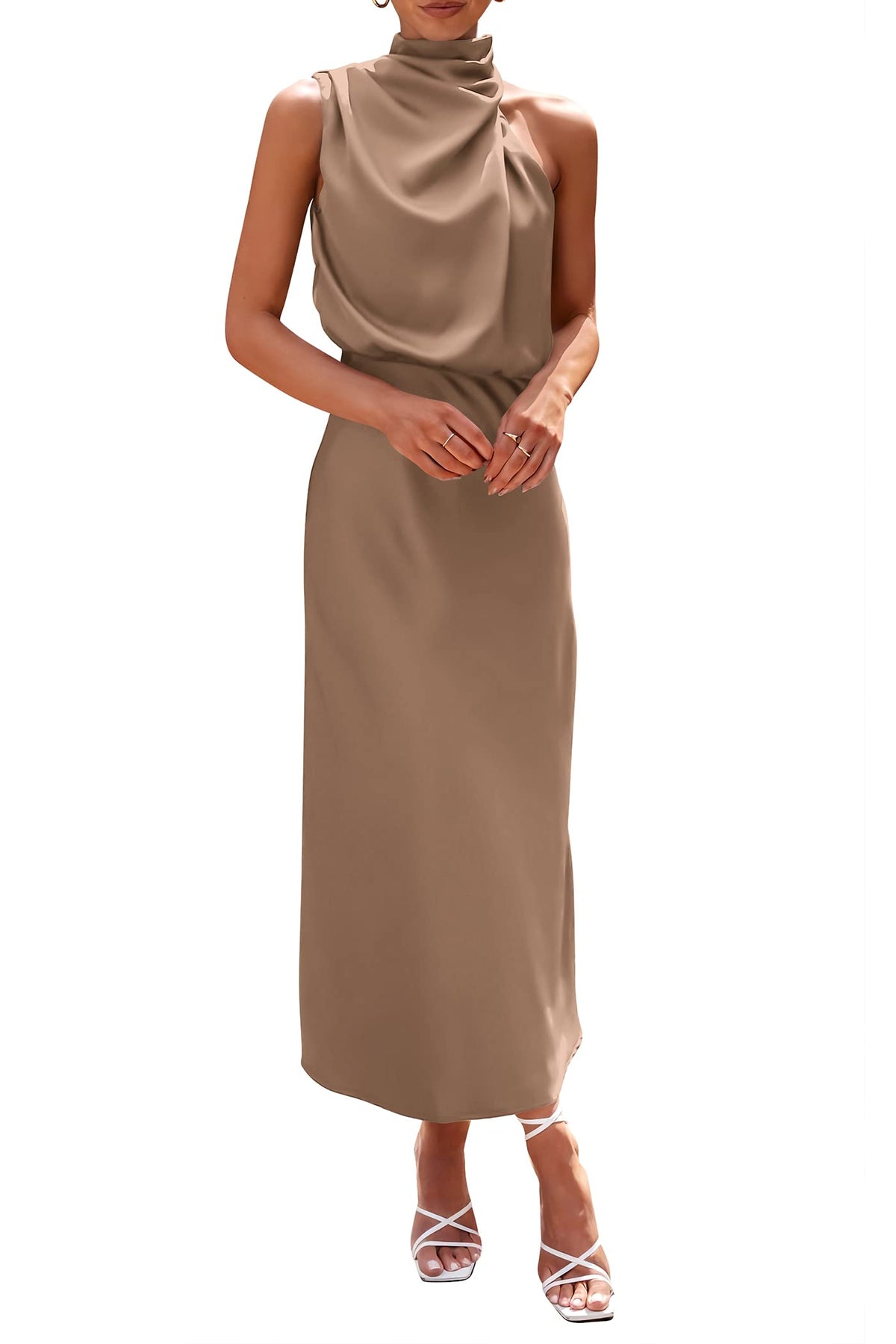 PRETTYGARDEN Women's 2026 Summer Satin Dress Elegant Sleeveless Mock Neck Cocktail Party Maxi Dresses