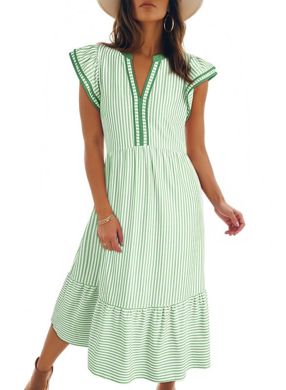 Dokotoo Womens Dresses 2026 Summer V-Neck Ruffle Cap Sleeve Empire Waist Flowy Striped Beach Midi Maxi Dress with Pockets