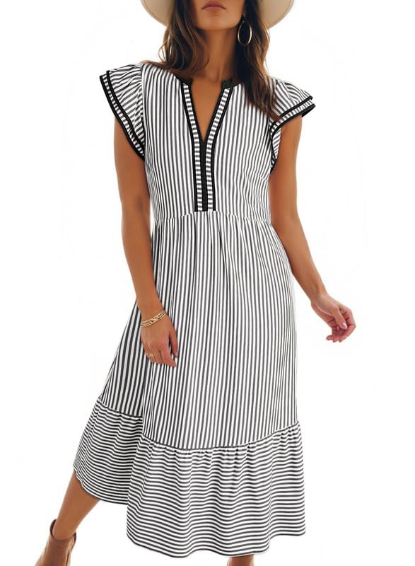 Dokotoo Womens Dresses 2026 Summer V-Neck Ruffle Cap Sleeve Empire Waist Flowy Striped Beach Midi Maxi Dress with Pockets