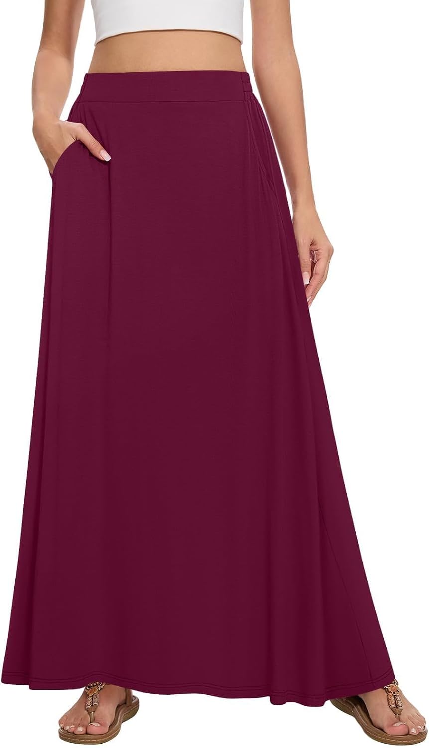 Womens Maxi A-line Long Skirt Casual 2026 Elastic High Waist Flowy Skirts with Pockets