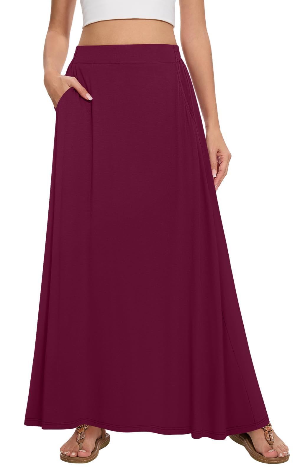Womens Maxi A-line Long Skirt Casual 2026 Elastic High Waist Flowy Skirts with Pockets