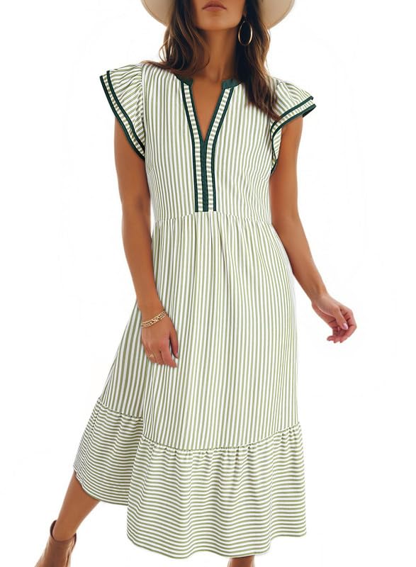 Dokotoo Womens Dresses 2026 Summer V-Neck Ruffle Cap Sleeve Empire Waist Flowy Striped Beach Midi Maxi Dress with Pockets