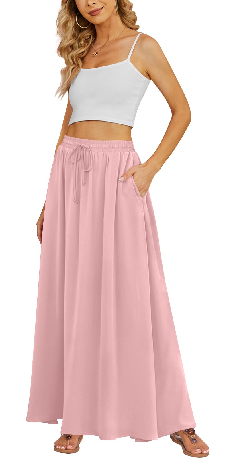 Yincro Women's Flowy Maxi Skirt Summer Pleated High Waisted Casual Long Skirts with Pockets