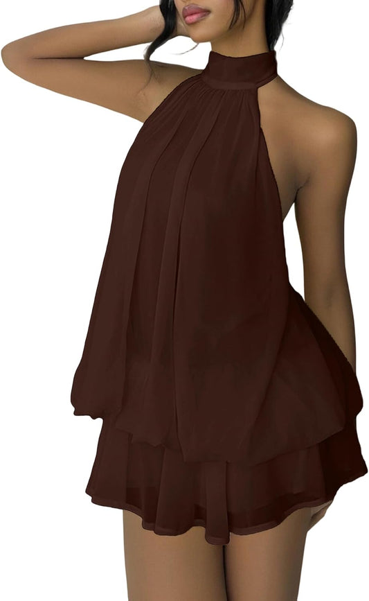 SHINFY Women Chiffon Halter Cocktail Dresses for Wedding Guest Ruffle Mini Beach Vacation Birthday Dresses