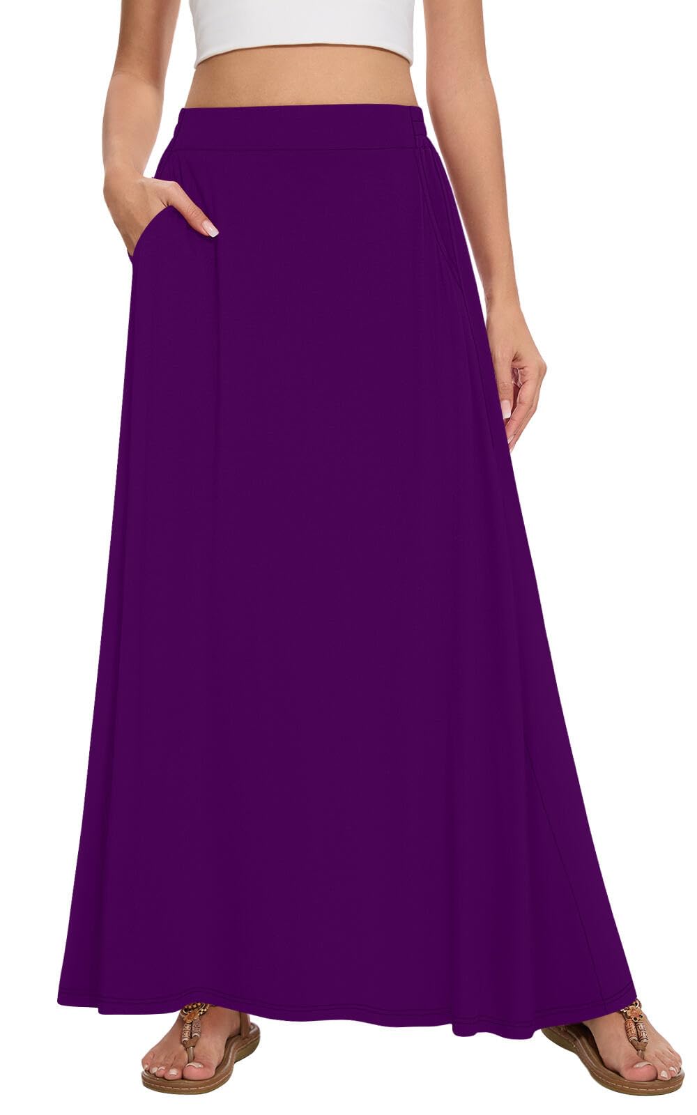 Womens Maxi A-line Long Skirt Casual 2026 Elastic High Waist Flowy Skirts with Pockets