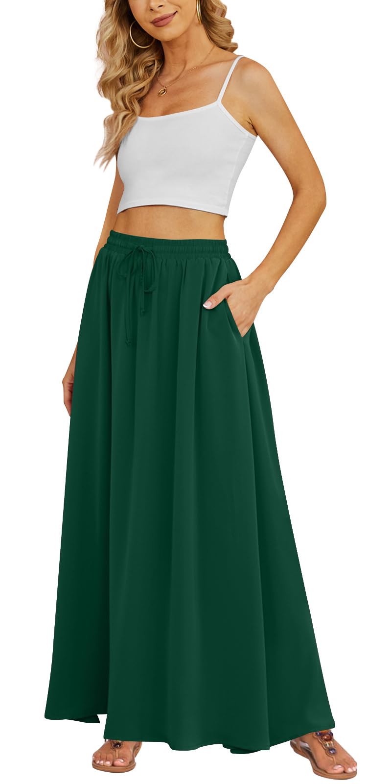 Yincro Women's Flowy Maxi Skirt Summer Pleated High Waisted Casual Long Skirts with Pockets