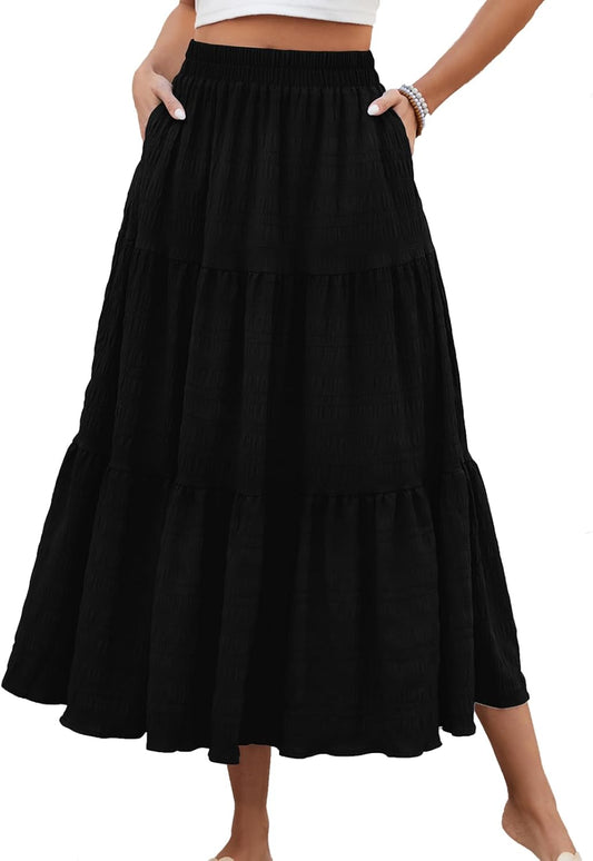 HUSKARY Women's Summer Casual Elegant Smock Layered Tiered Maxi Skirt High Waisted A Line Flowy Long Skirts with Pockets