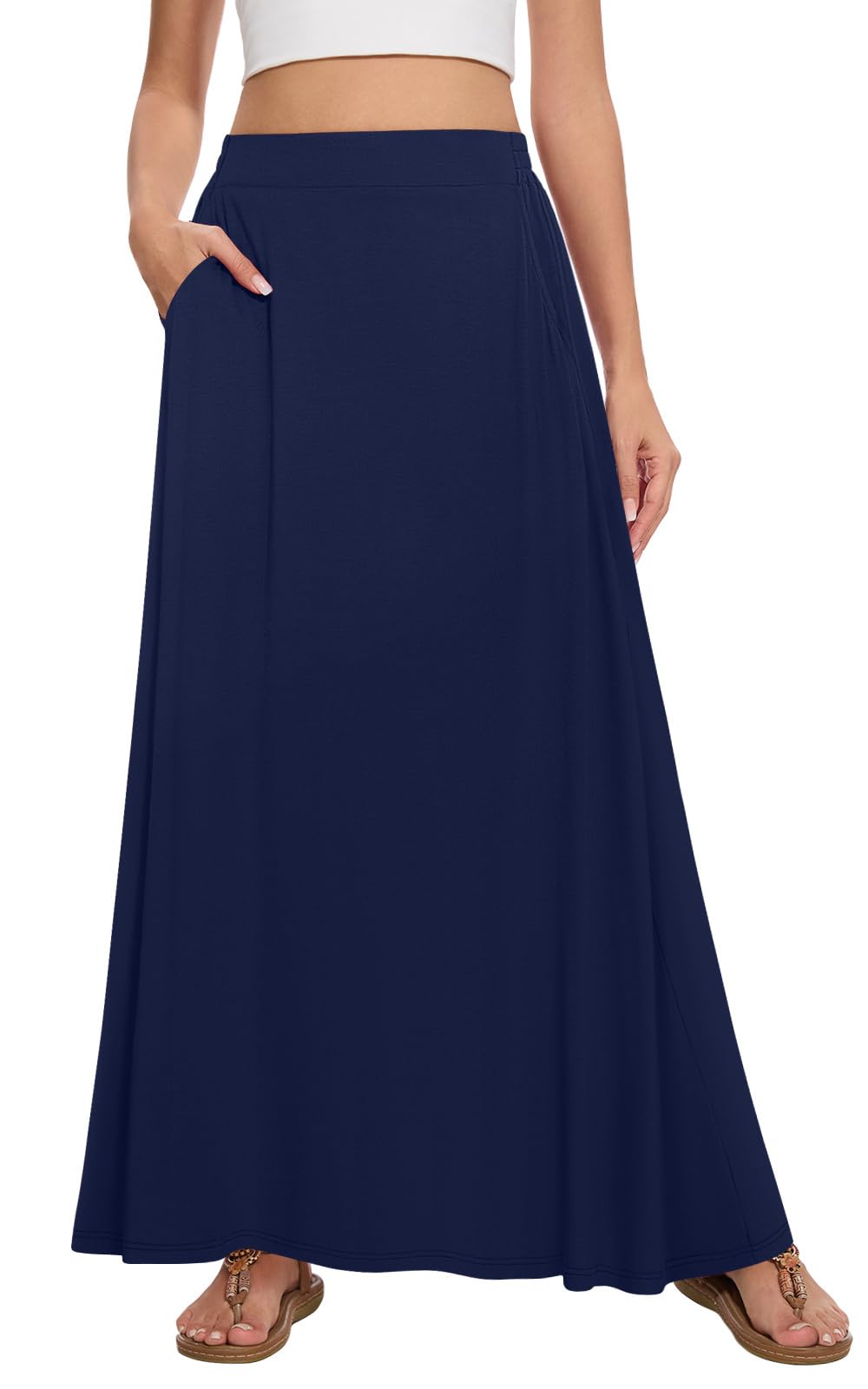 Womens Maxi A-line Long Skirt Casual 2026 Elastic High Waist Flowy Skirts with Pockets
