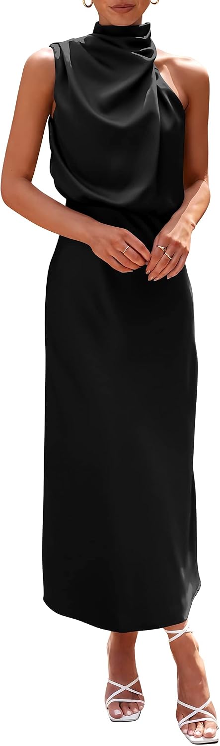 PRETTYGARDEN Women's 2026 Summer Satin Dress Elegant Sleeveless Mock Neck Cocktail Party Maxi Dresses