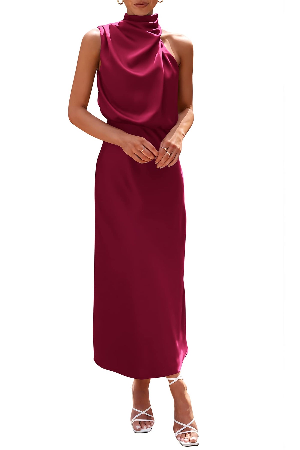 PRETTYGARDEN Women's 2026 Summer Satin Dress Elegant Sleeveless Mock Neck Cocktail Party Maxi Dresses