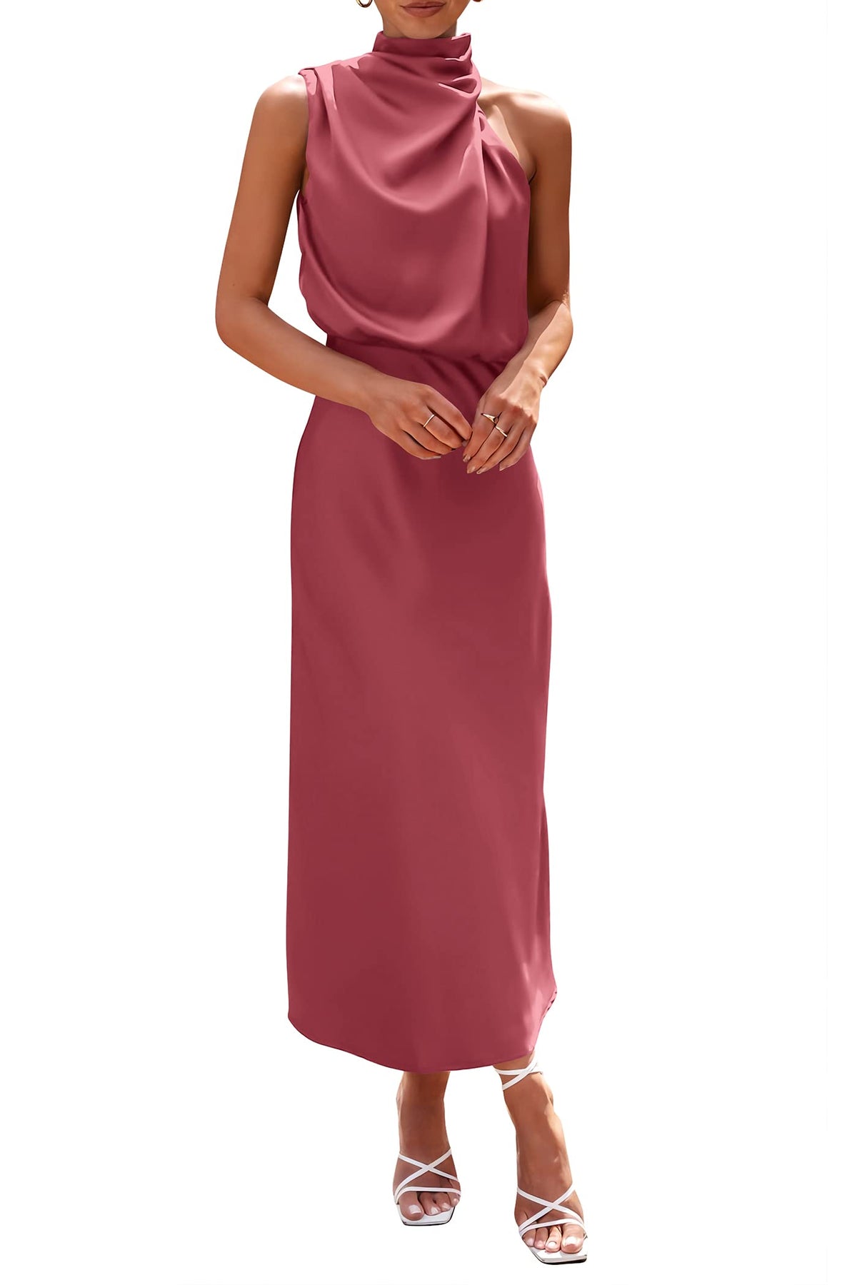 PRETTYGARDEN Women's 2026 Summer Satin Dress Elegant Sleeveless Mock Neck Cocktail Party Maxi Dresses