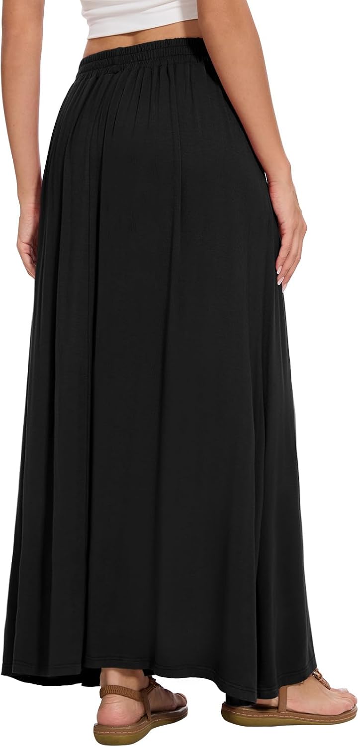 Womens Maxi A-line Long Skirt Casual 2026 Elastic High Waist Flowy Skirts with Pockets