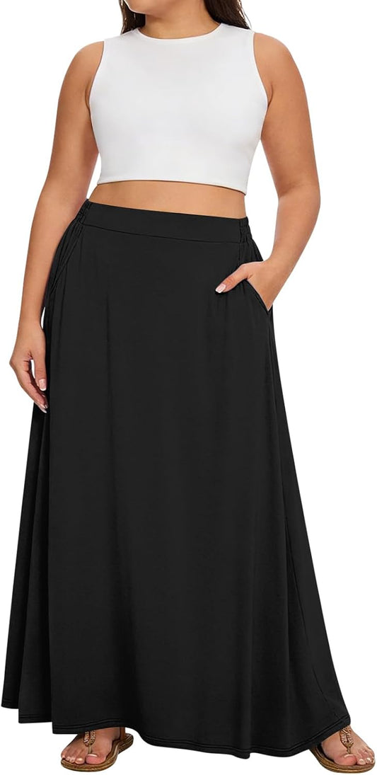 Yincro Womens Plus Size Maxi Skirt Elastic High Waisted Casual A-line Flowy Long Skirts with Pockets