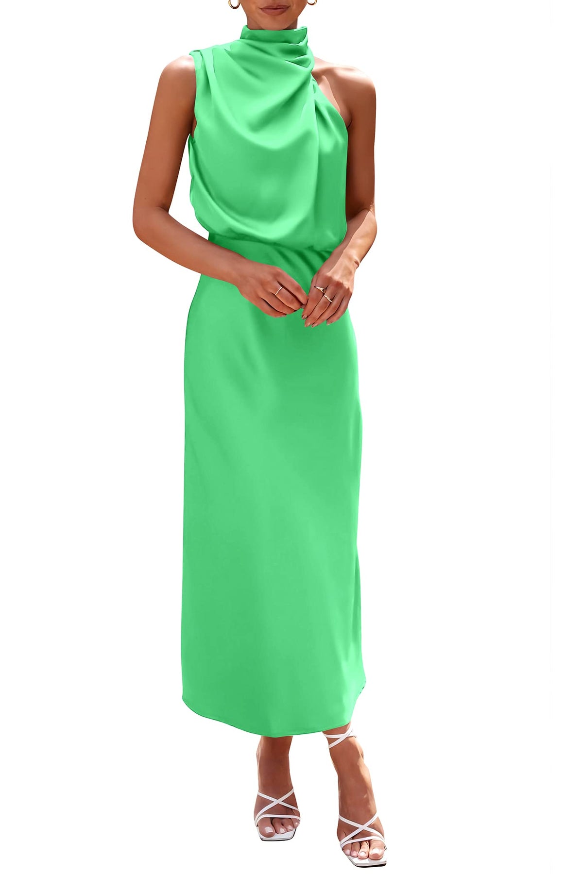 PRETTYGARDEN Women's 2026 Summer Satin Dress Elegant Sleeveless Mock Neck Cocktail Party Maxi Dresses