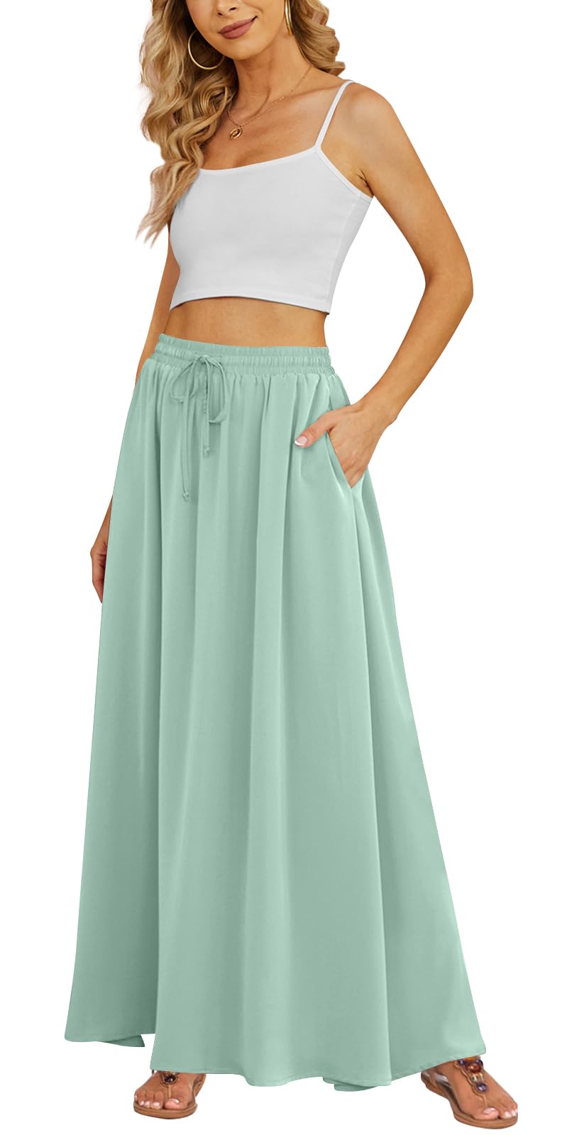 Yincro Women's Flowy Maxi Skirt Summer Pleated High Waisted Casual Long Skirts with Pockets