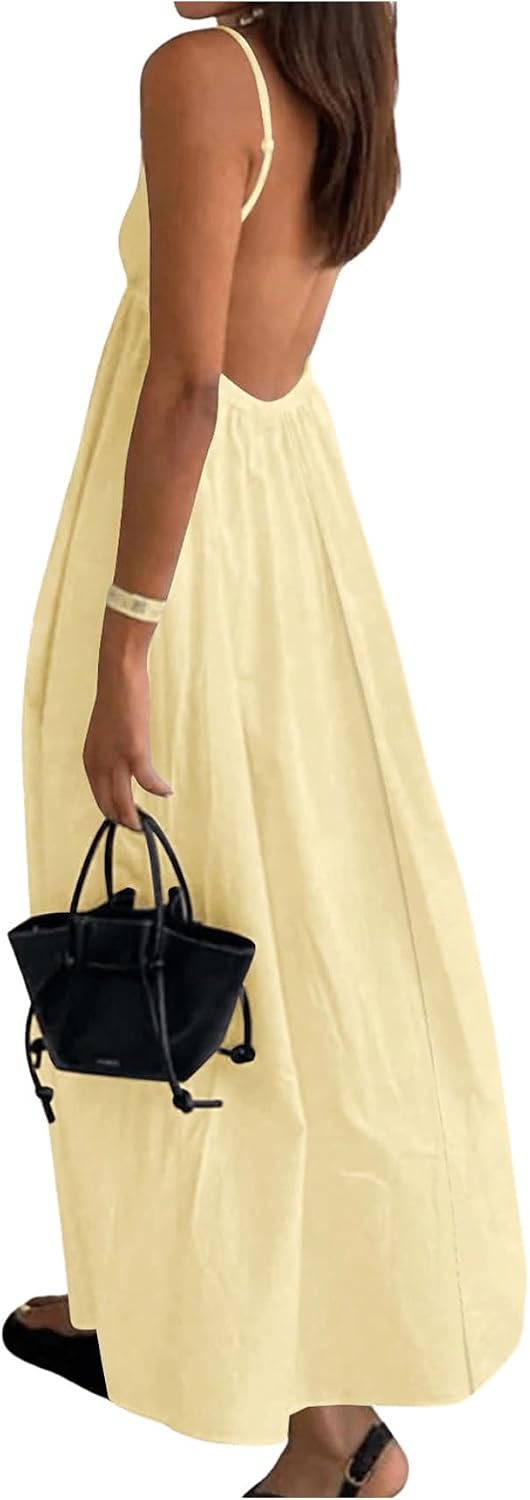SOLY HUX Women's Summer Dress Backless V Neck Spaghetti Strap Loose Flowy Midi Cami Dresses