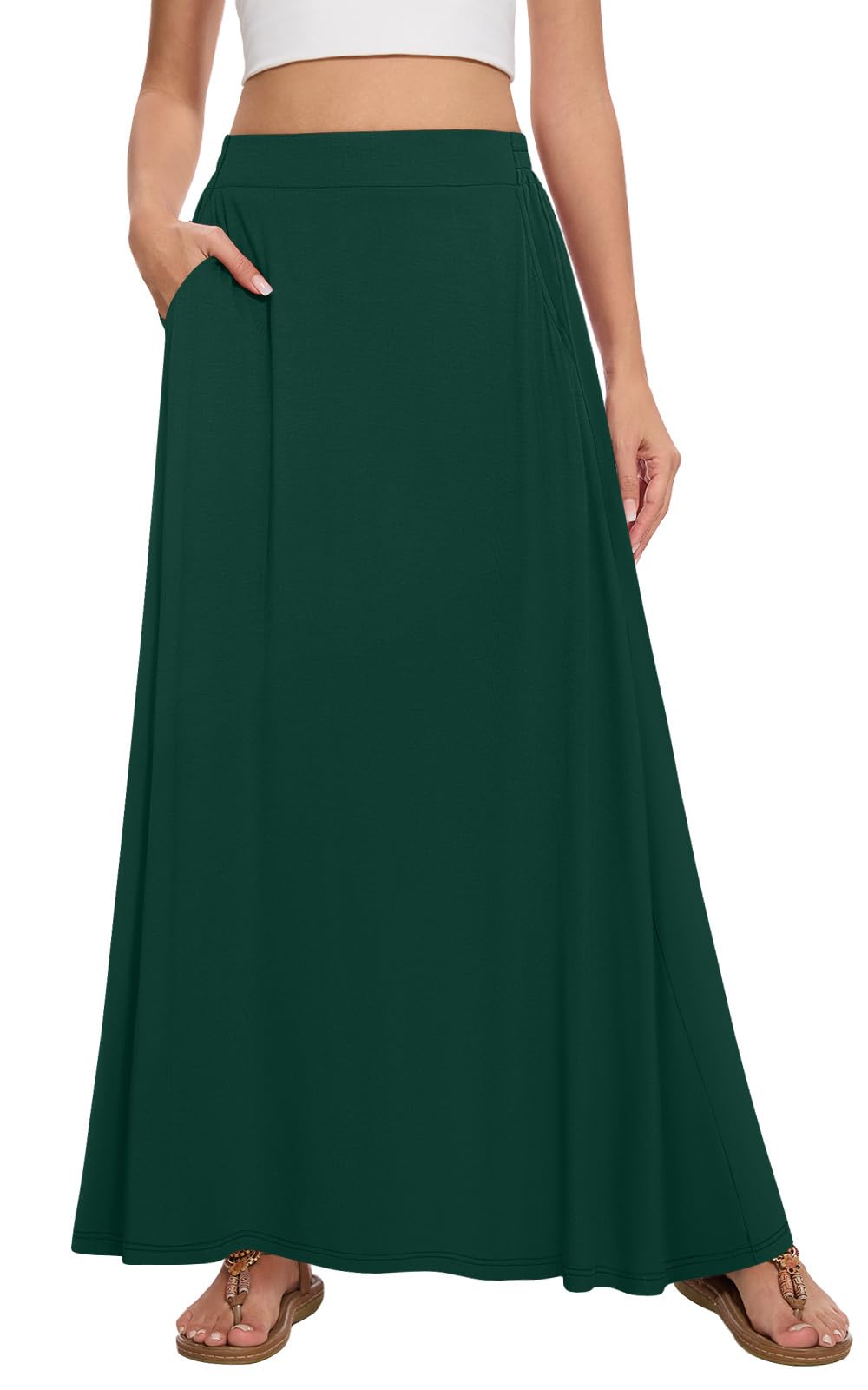 Womens Maxi A-line Long Skirt Casual 2026 Elastic High Waist Flowy Skirts with Pockets