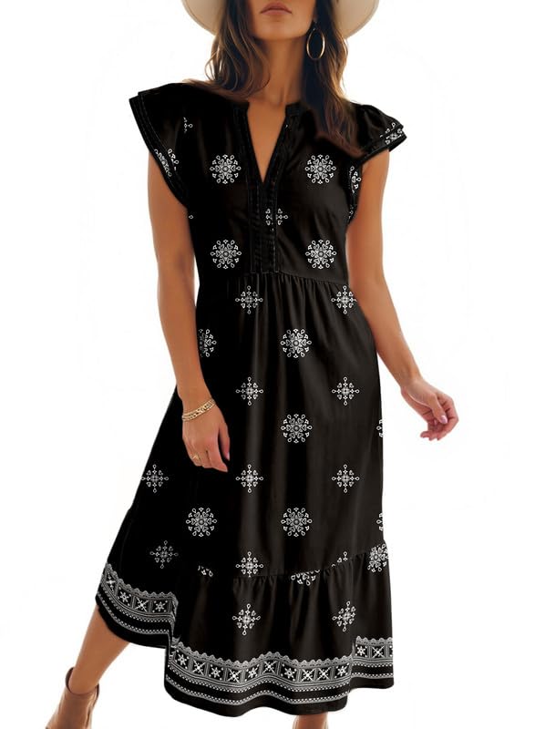 Dokotoo Womens Dresses 2026 Summer V-Neck Ruffle Cap Sleeve Empire Waist Flowy Striped Beach Midi Maxi Dress with Pockets
