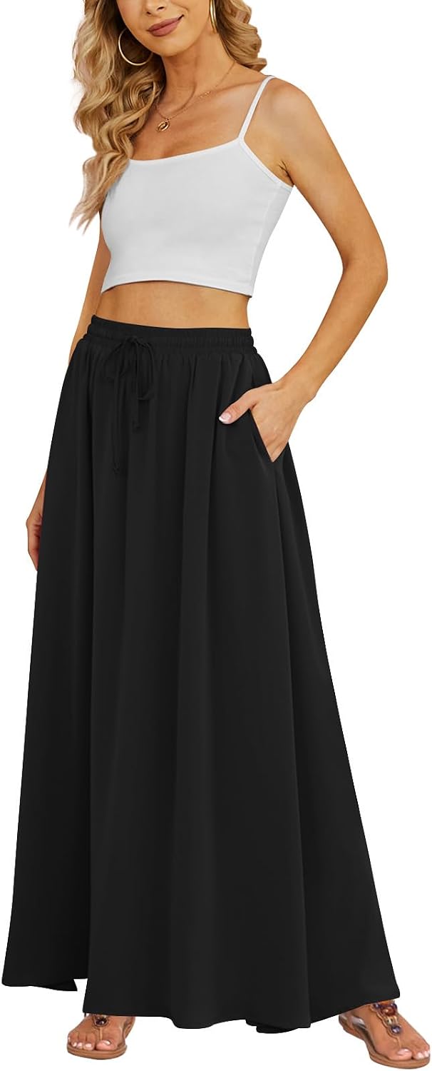 Yincro Women's Flowy Maxi Skirt Summer Pleated High Waisted Casual Long Skirts with Pockets