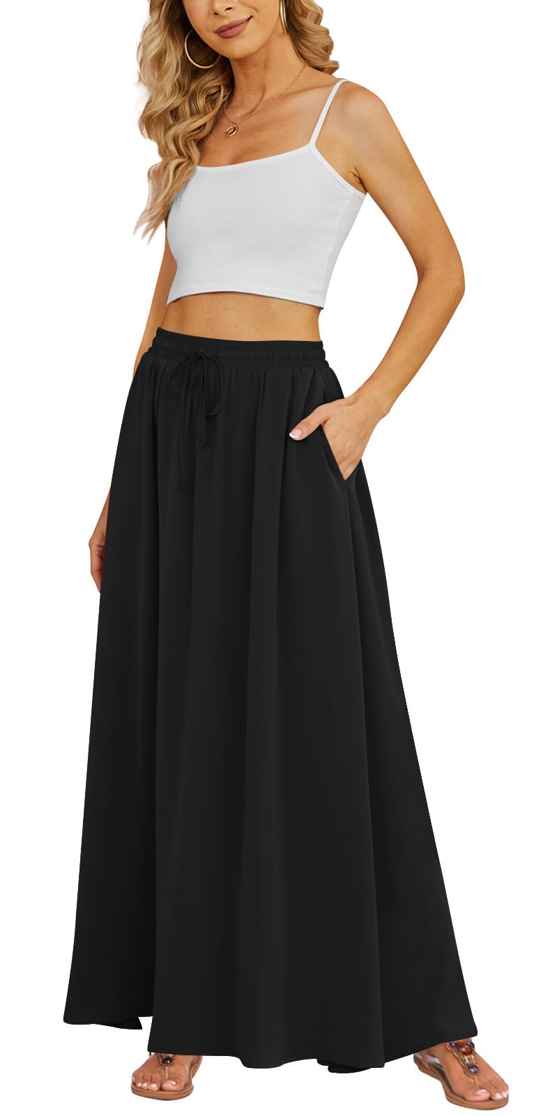 Yincro Women's Flowy Maxi Skirt Summer Pleated High Waisted Casual Long Skirts with Pockets