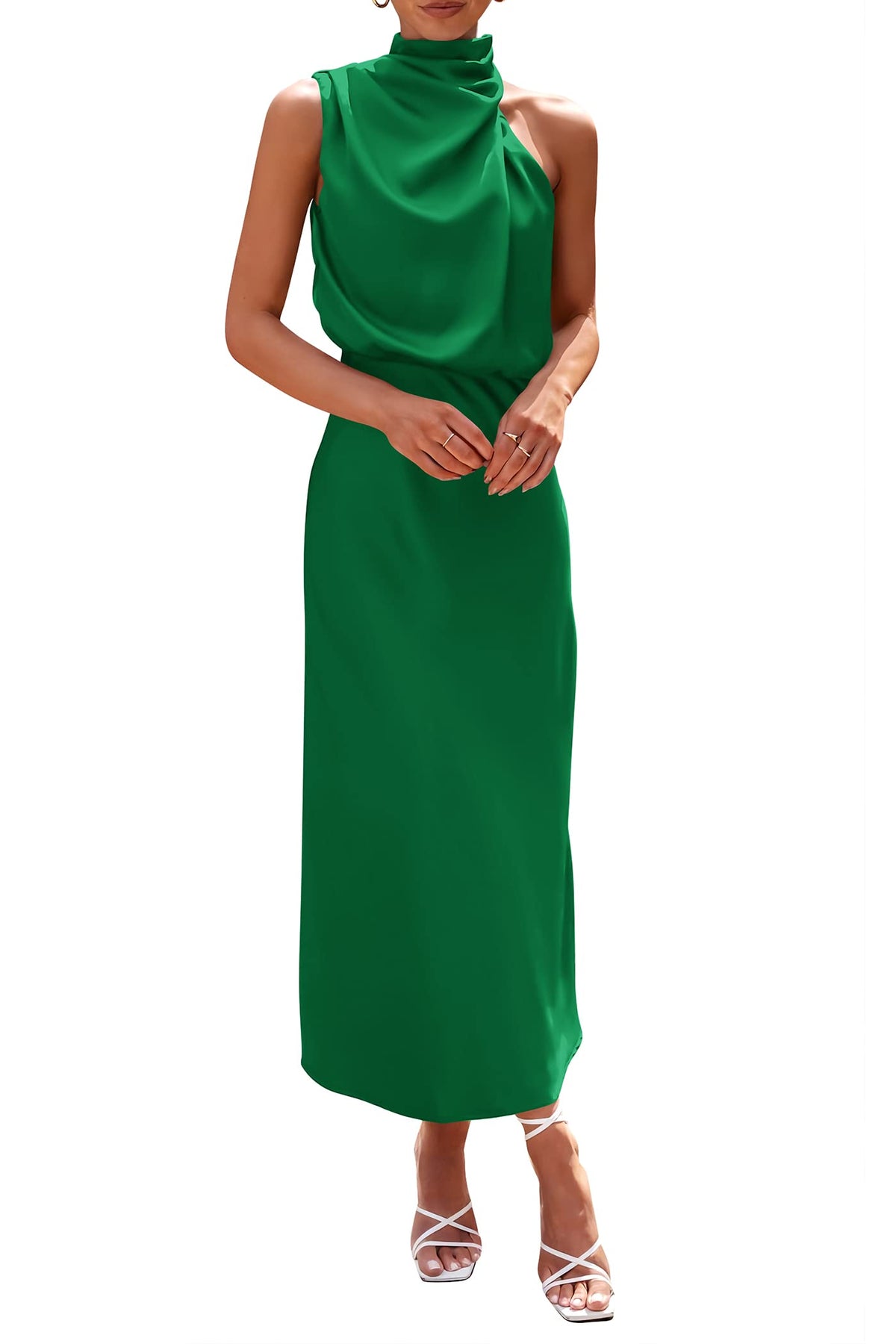 PRETTYGARDEN Women's 2026 Summer Satin Dress Elegant Sleeveless Mock Neck Cocktail Party Maxi Dresses