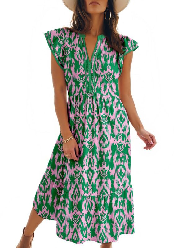 Dokotoo Womens Dresses 2026 Summer V-Neck Ruffle Cap Sleeve Empire Waist Flowy Striped Beach Midi Maxi Dress with Pockets
