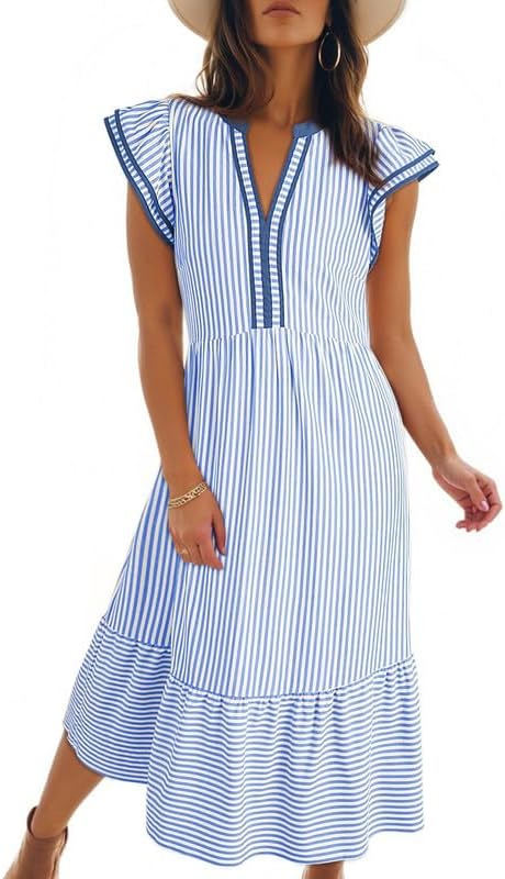 Dokotoo Womens Dresses 2026 Summer V-Neck Ruffle Cap Sleeve Empire Waist Flowy Striped Beach Midi Maxi Dress with Pockets