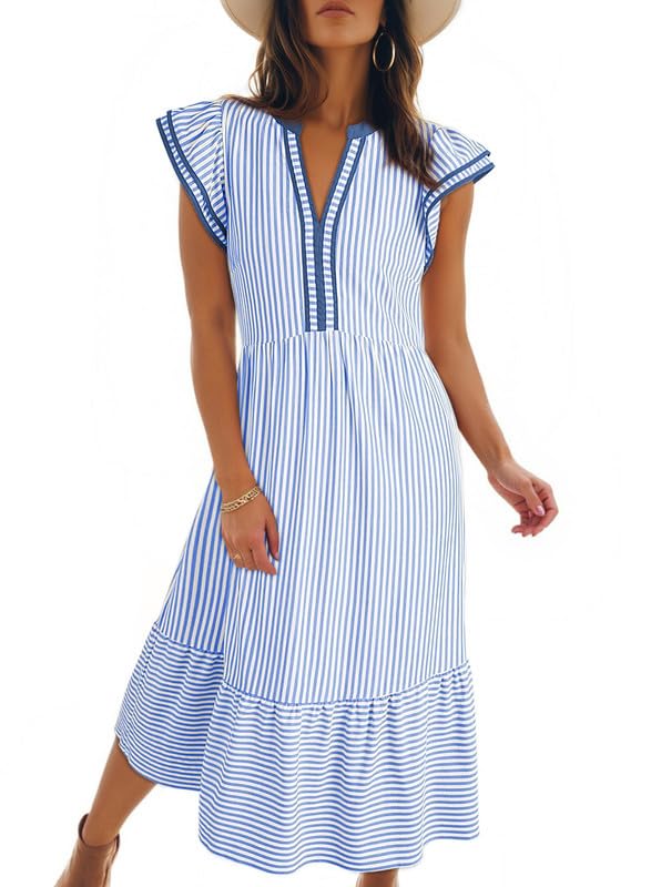 Dokotoo Womens Dresses 2026 Summer V-Neck Ruffle Cap Sleeve Empire Waist Flowy Striped Beach Midi Maxi Dress with Pockets