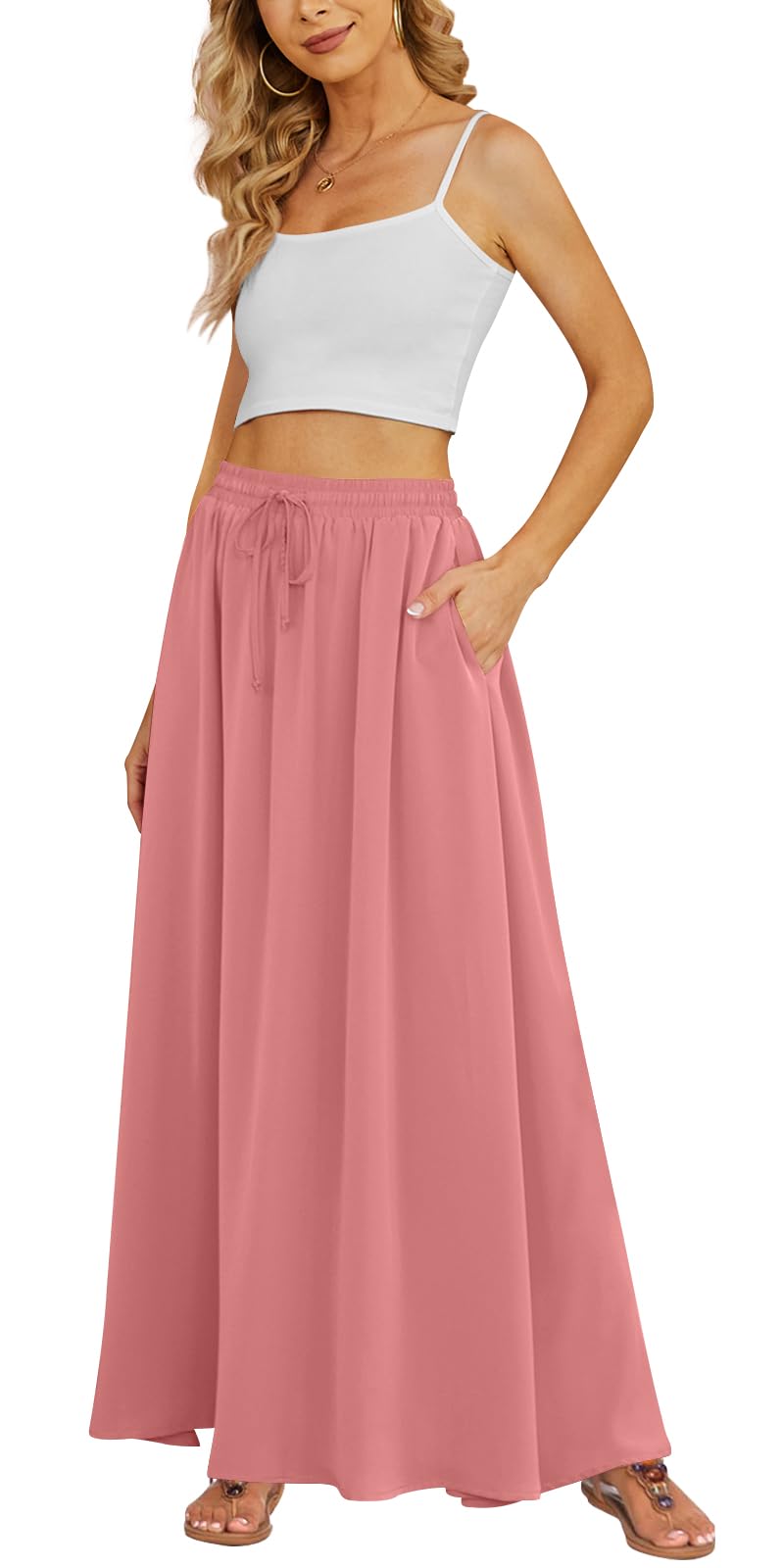 Yincro Women's Flowy Maxi Skirt Summer Pleated High Waisted Casual Long Skirts with Pockets