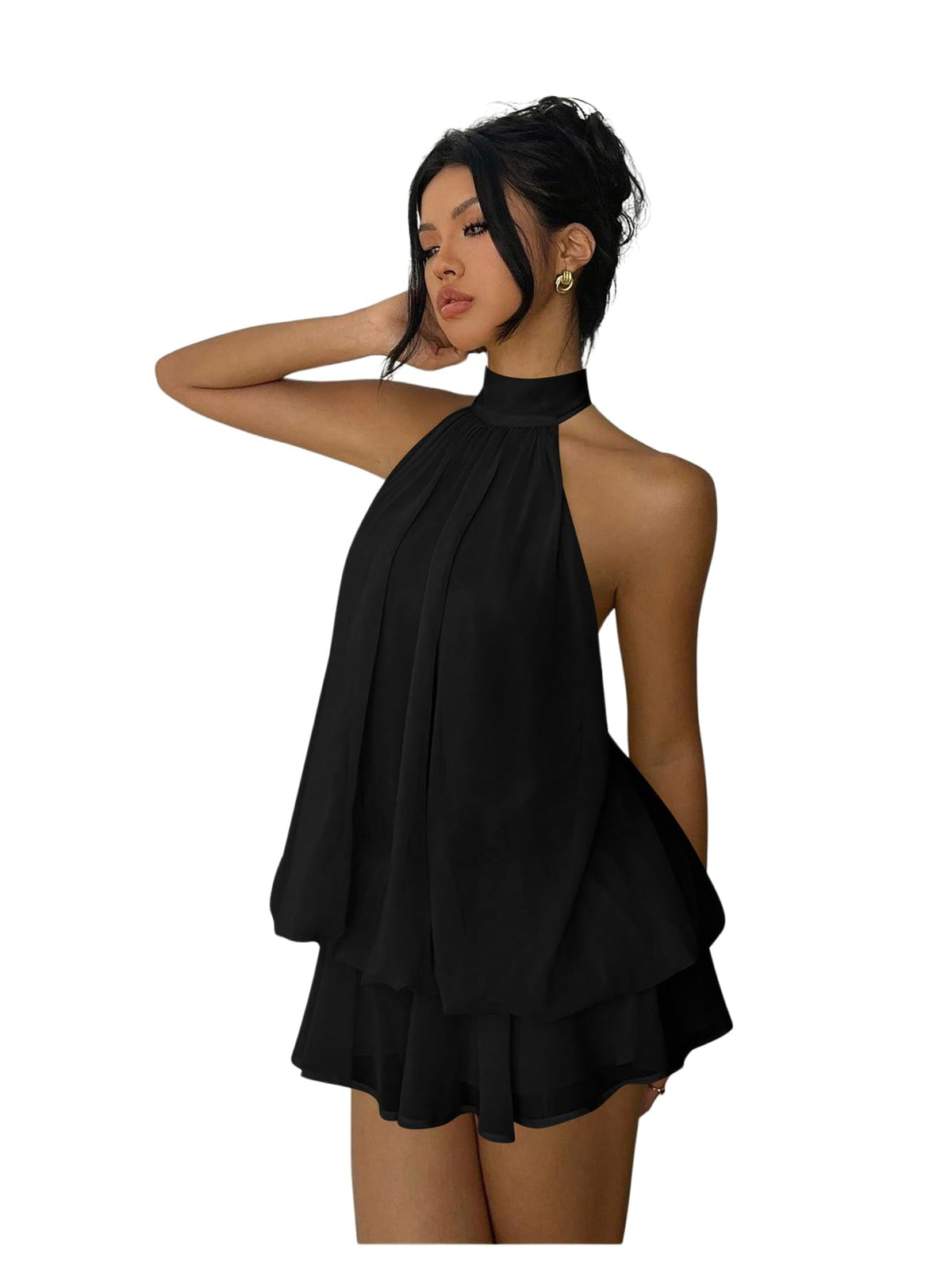 Verdusa Women's Chiffon Halter Drop Waist Wedding Guest Dresses Ruffle Summer Loose Fit Mini Dress Brunch Outfits