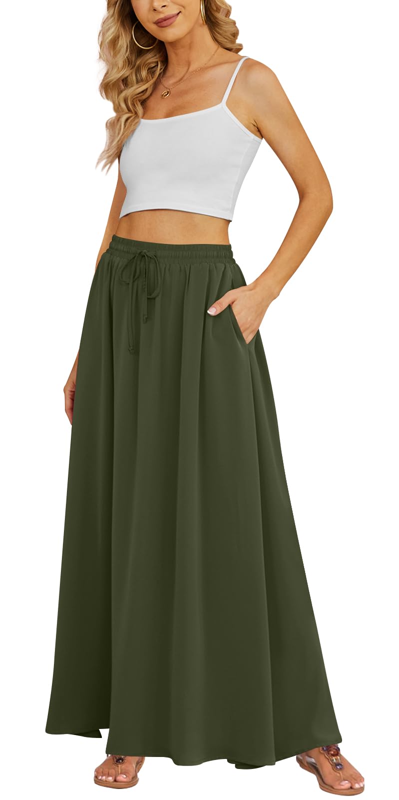Yincro Women's Flowy Maxi Skirt Summer Pleated High Waisted Casual Long Skirts with Pockets