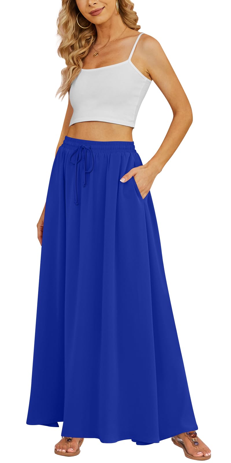 Yincro Women's Flowy Maxi Skirt Summer Pleated High Waisted Casual Long Skirts with Pockets