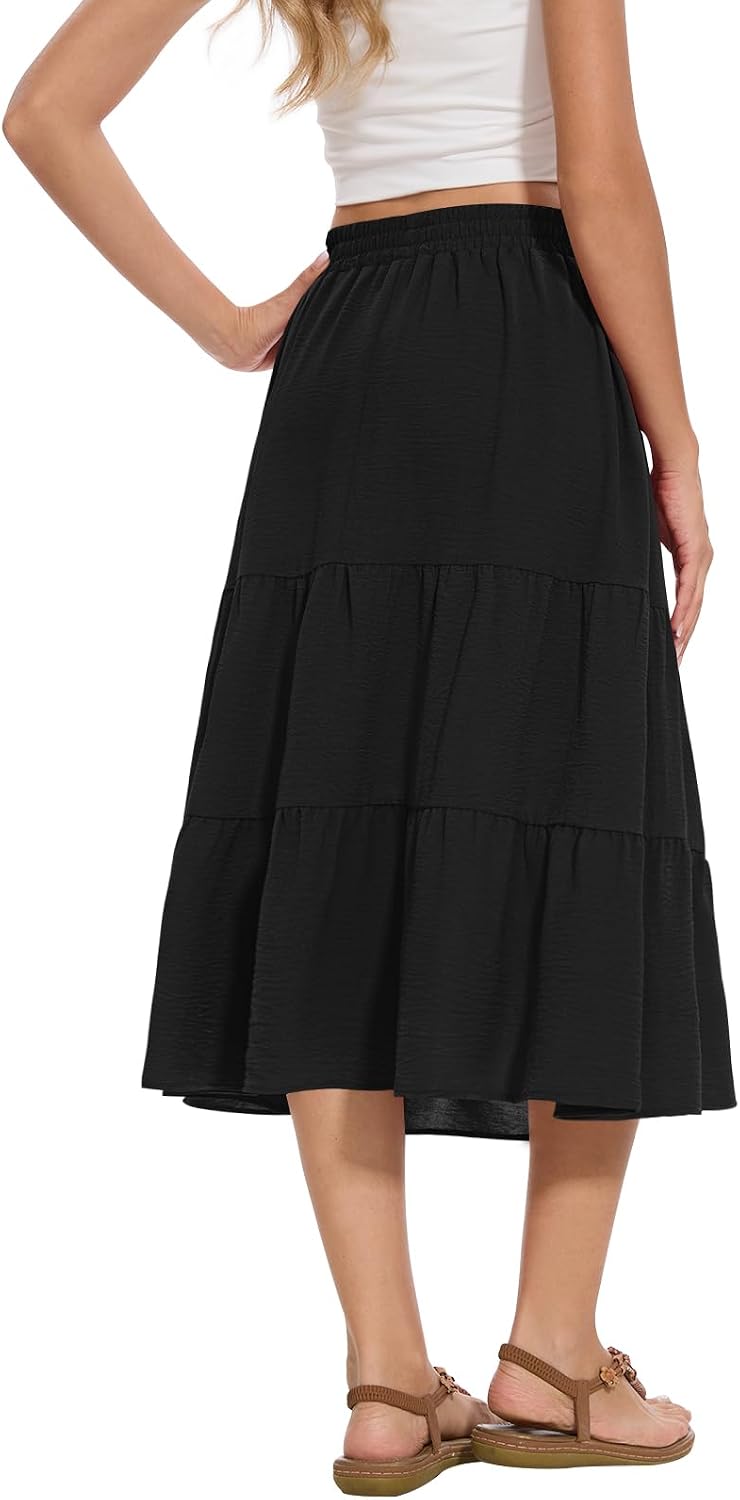 Women's Summer Midi Skirt High Elastic Waist Flowy Ruffle Casual Boho A-Line Skirts with Pockets