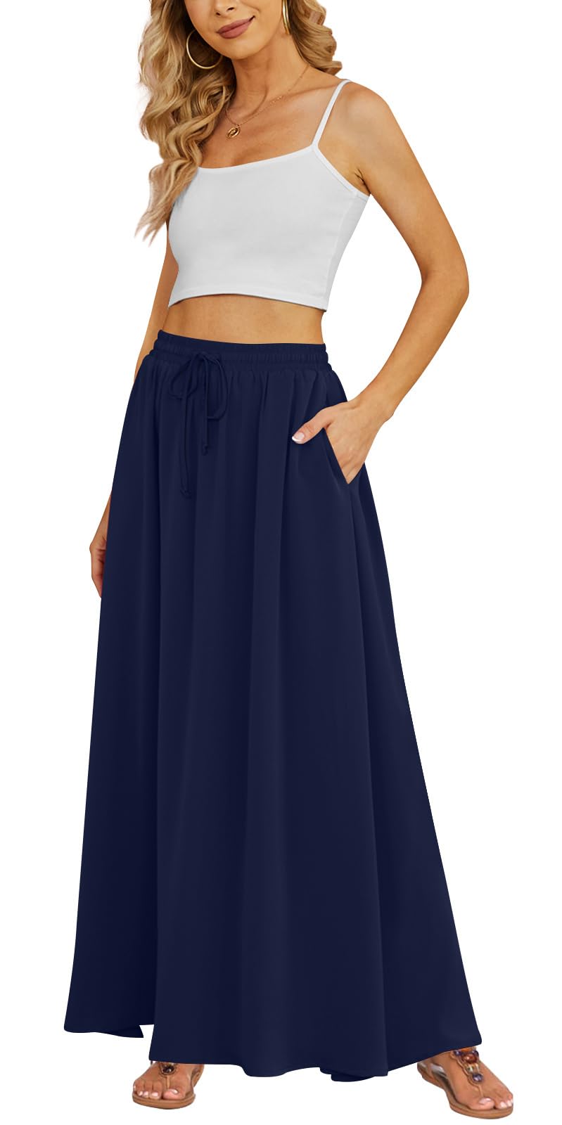 Yincro Women's Flowy Maxi Skirt Summer Pleated High Waisted Casual Long Skirts with Pockets