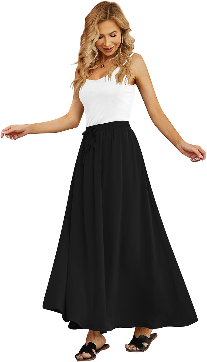 Yincro Women's Flowy Maxi Skirt Summer Pleated High Waisted Casual Long Skirts with Pockets