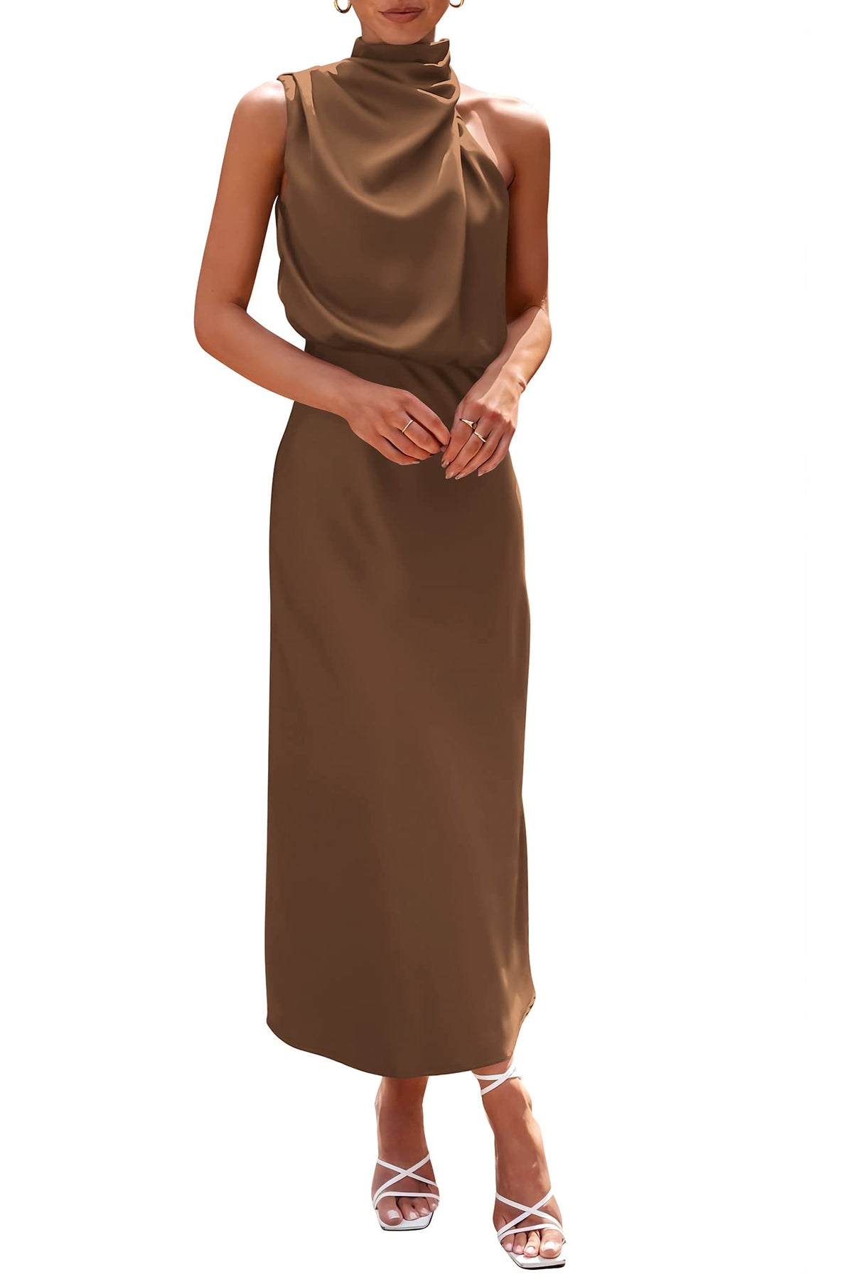 PRETTYGARDEN Women's 2026 Summer Satin Dress Elegant Sleeveless Mock Neck Cocktail Party Maxi Dresses