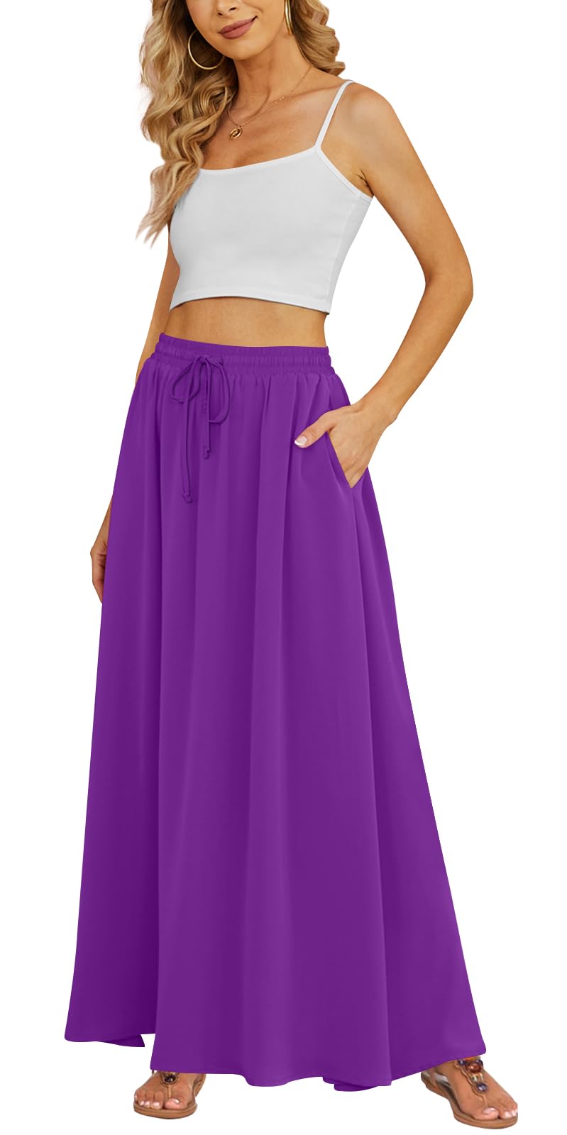 Yincro Women's Flowy Maxi Skirt Summer Pleated High Waisted Casual Long Skirts with Pockets