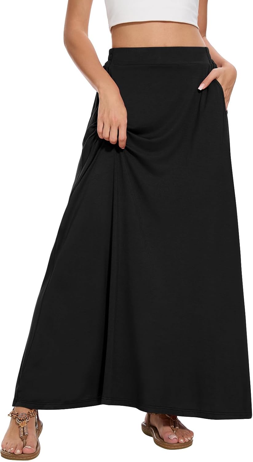 Womens Maxi A-line Long Skirt Casual 2026 Elastic High Waist Flowy Skirts with Pockets